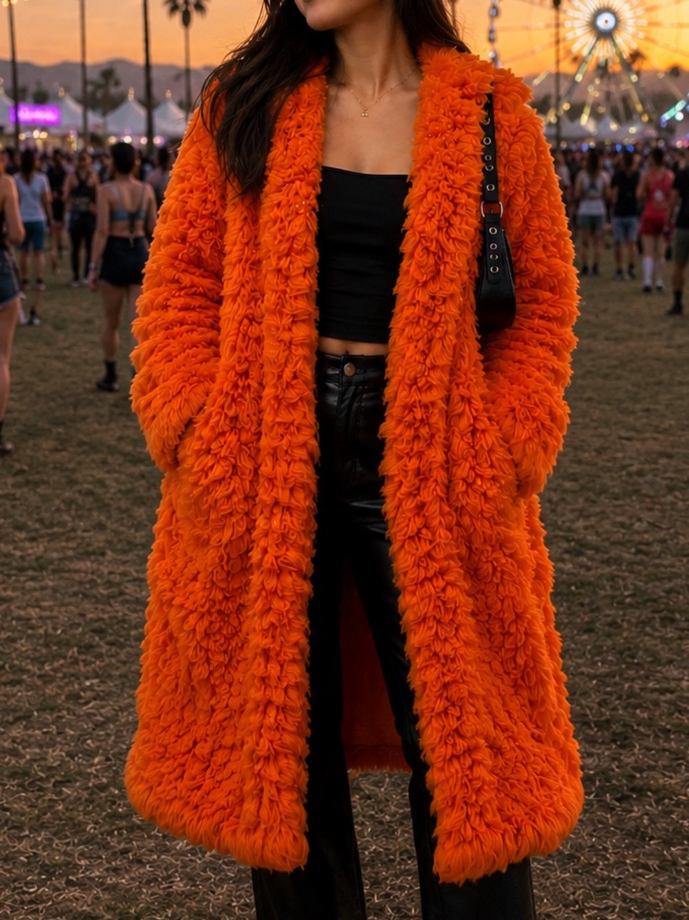 Pretty little thing Orange Plush Faux Fur Long Coat oversized festival rave punk